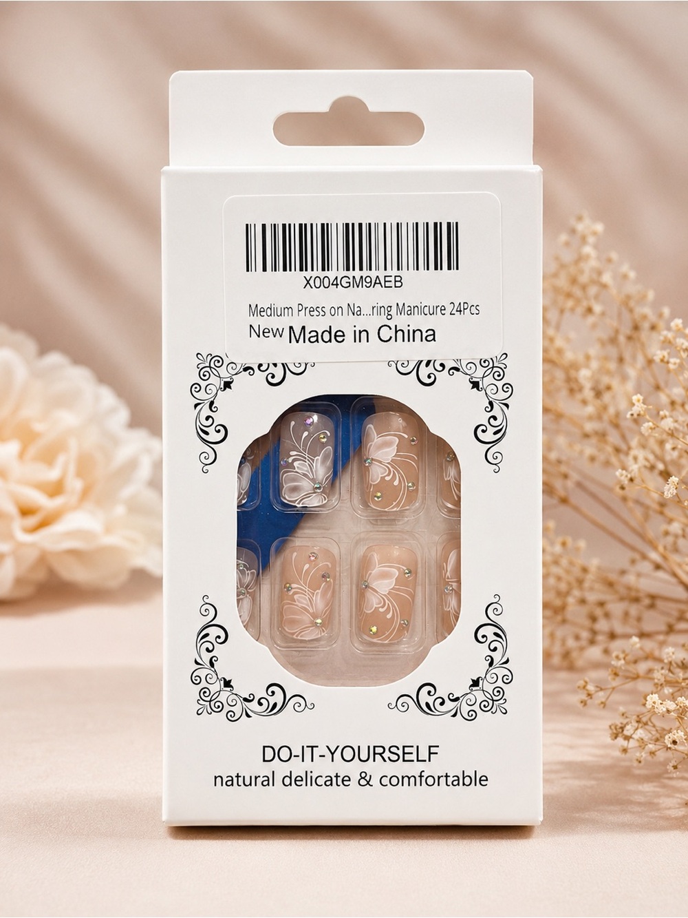 Kui Yudi Floral Press On Nails Medium Nude Rainbow Rhinestone 24Pc New
